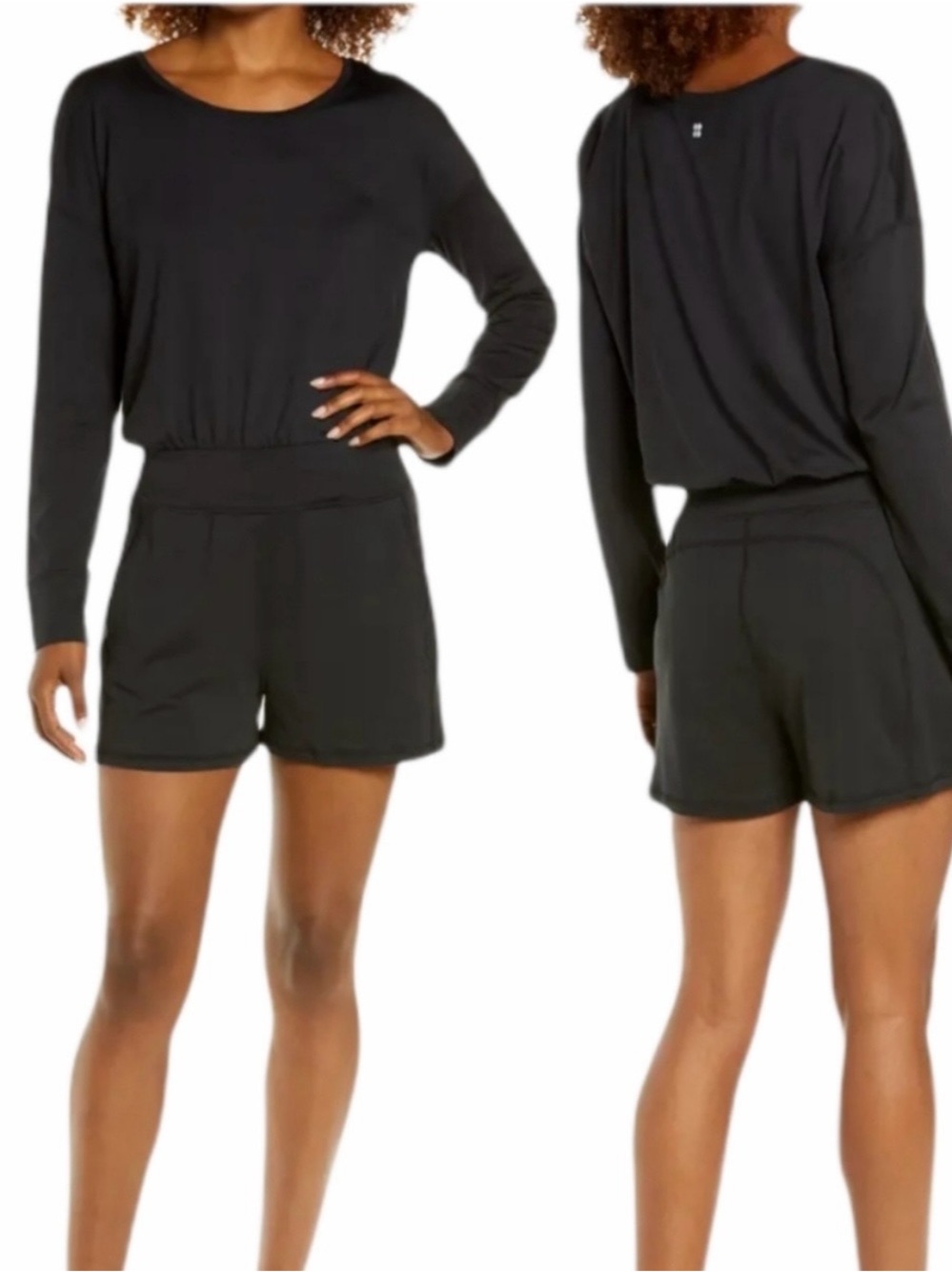 Sweaty Betty Gary Long Sleeve Romper Shorts Black Size XL Lounge Comfort Yoga